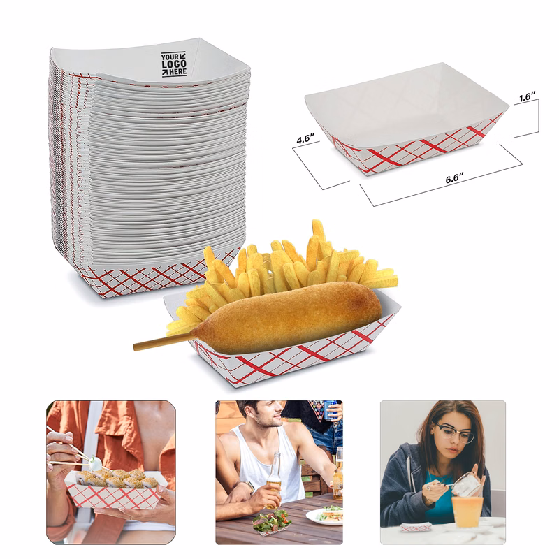 4.6"x 6.6"x 1.6" Paper Food Tray 2 1/2 lb Disposable Plaid Classy Red and White Boat