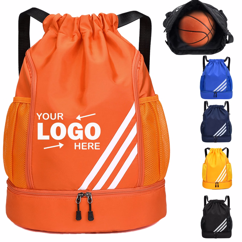 Durable Polyester Sports Drawstring Bag With Separate Shoe Storage