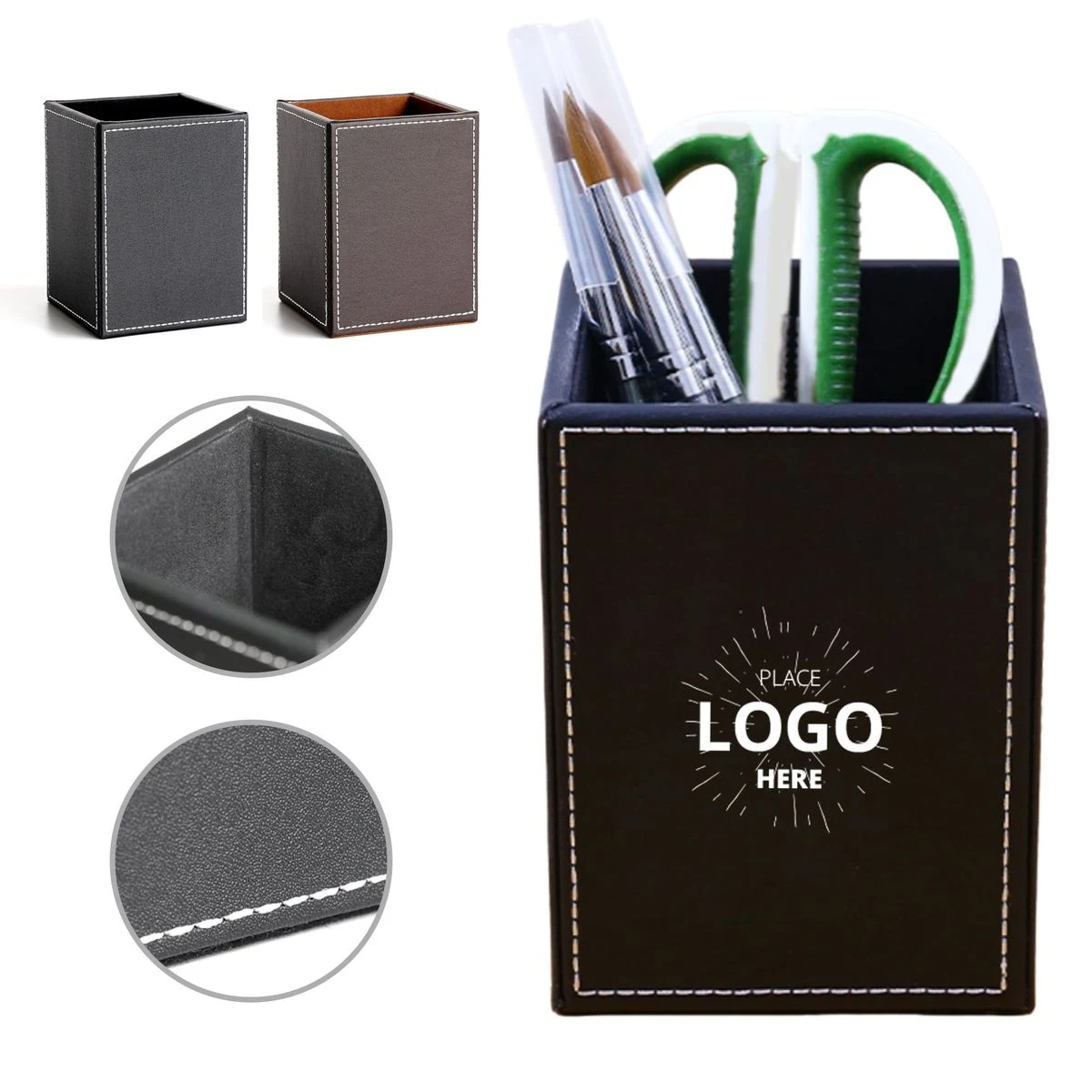 Square Pens Pencils Holder/PU Leather Desk Organizer 1