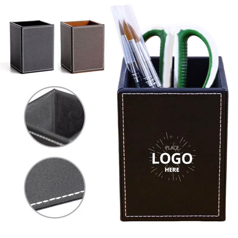 Square Pens Pencils Holder/PU Leather Desk Organizer