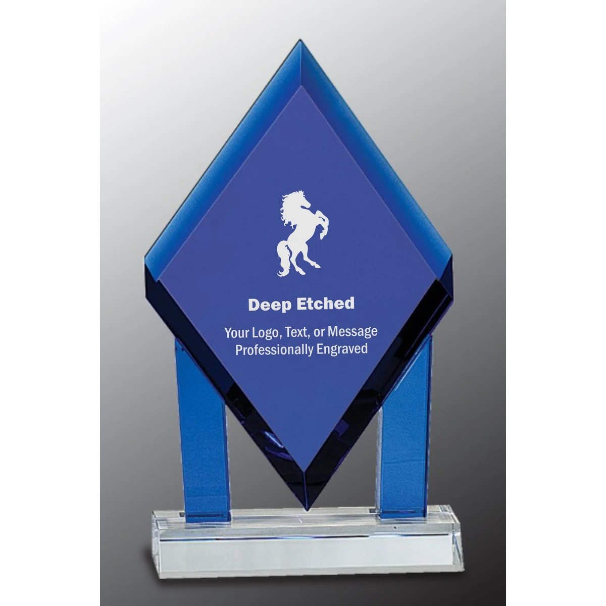 8 3/4" Blue Crystal Floating Diamond Award with Blue Columns on Clear Base 1