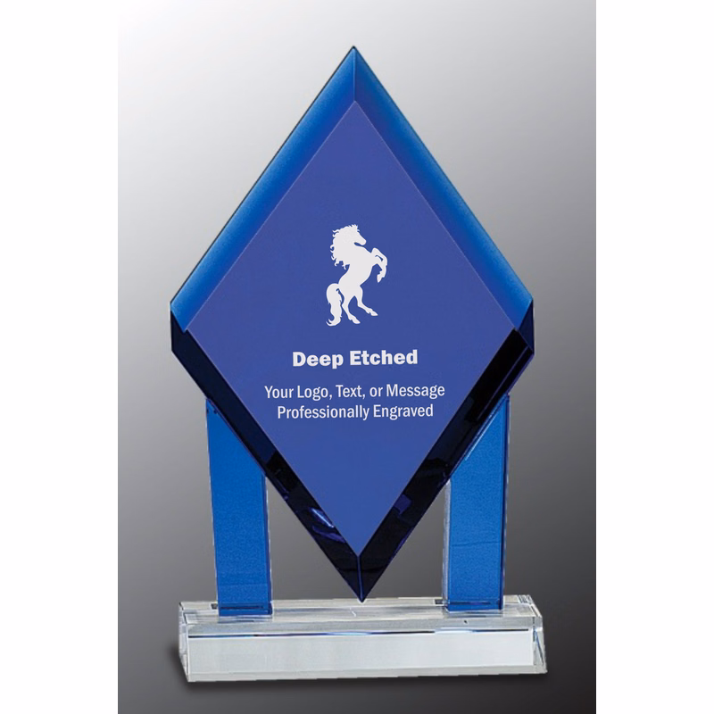 8 3/4" Blue Crystal Floating Diamond Award with Blue Columns on Clear Base