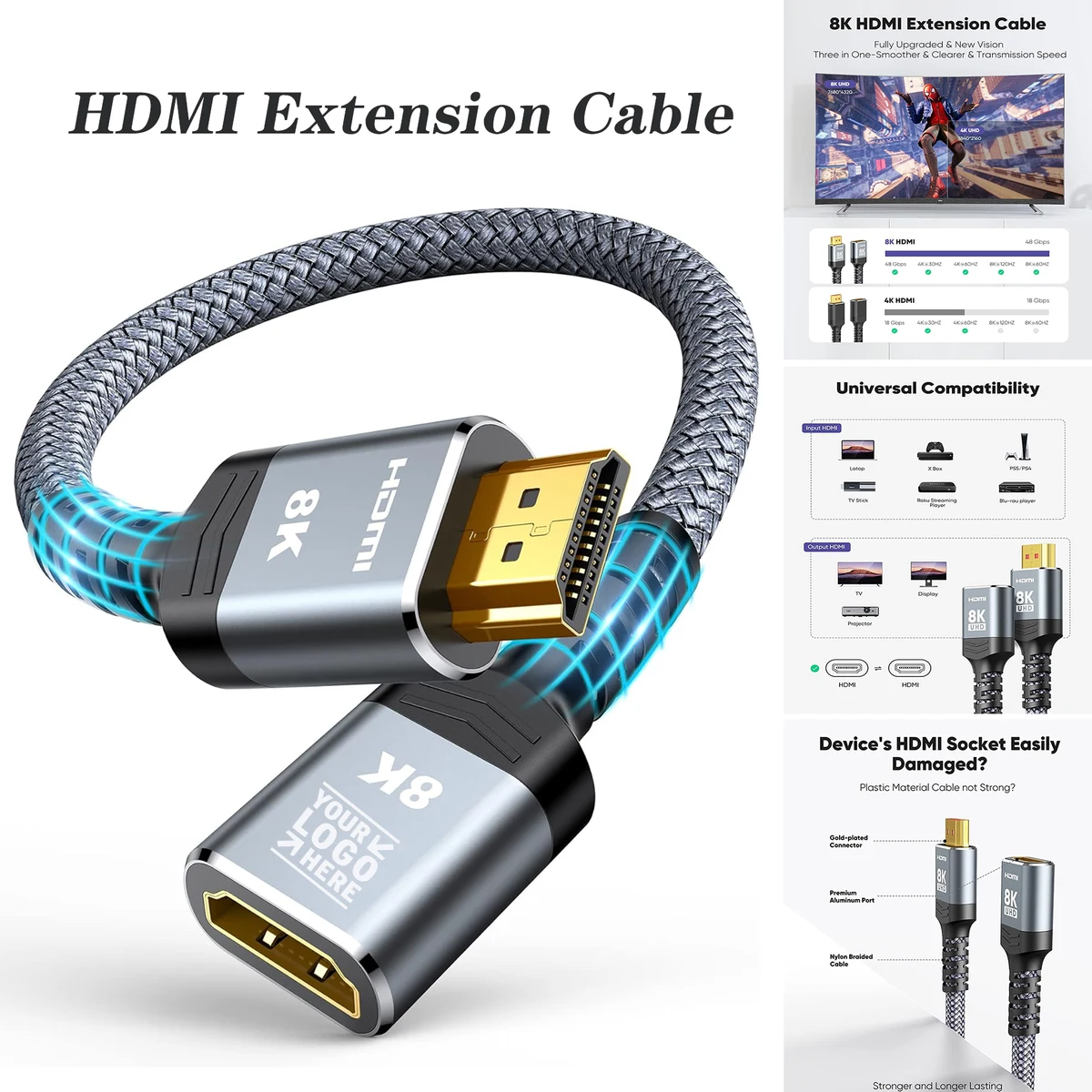 8K 4K HDMI Extender Extension Cable 2.1 4K 30Hz 60Hz 120Hz Utra High Speed Male to Female Adapter 1