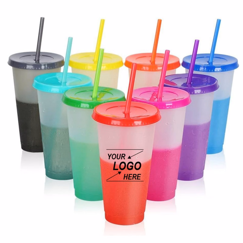 Color Changing Cups 24oz Reusable Plastic Cold Drink Cups with Lids and Straws
