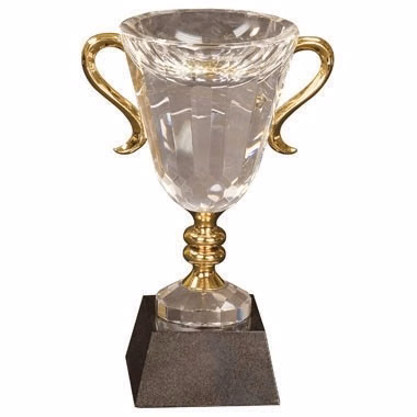 10 inch Crystal Cup with Gold Handles and Stem on Black Marble Base