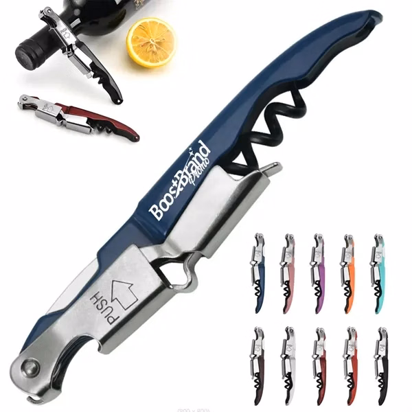 Custom Stainless Steel Double Hinged Wine Corkscrew with Foil Cutter — Premium Bar Gift