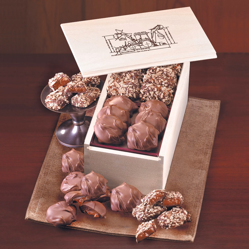 English Butter Toffee & Caramel Pecan Clusters in Wooden Collector's Box