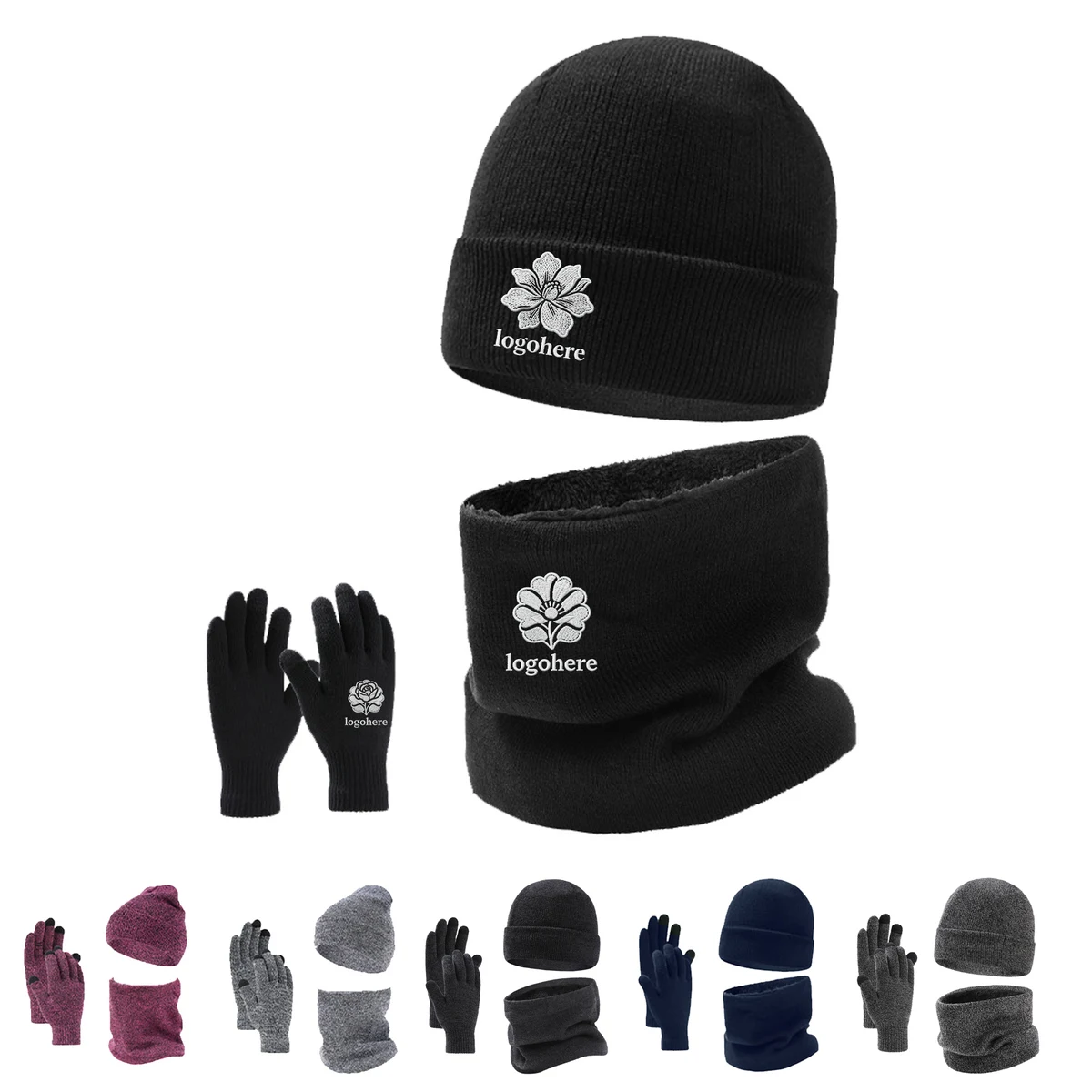 MOQ 20 Winter Beanie Hat Scarf Touchscreen Gloves Set 1