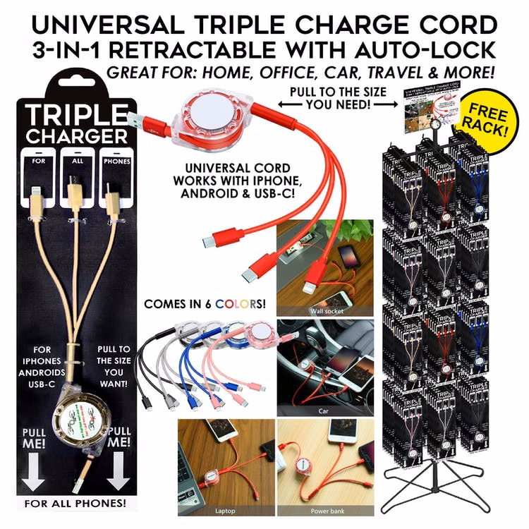 3-in-1 Retractable Phone Chargers - Micro Type C Lightning