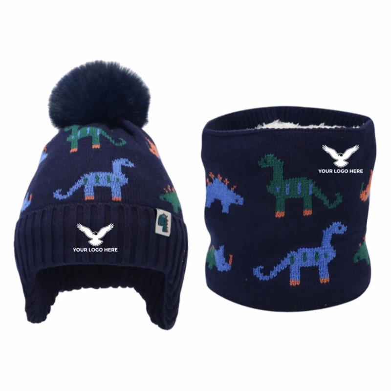 Kids Winter Knit Hat Scarf Set Fleece Lined