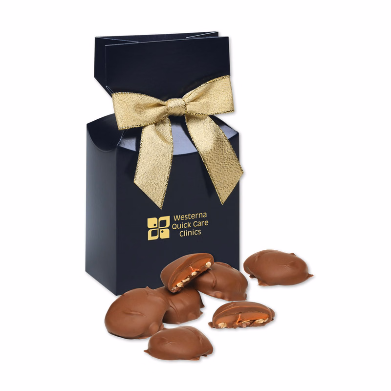 Caramel Pecan Clusters in Navy Premium Delights Gift Box