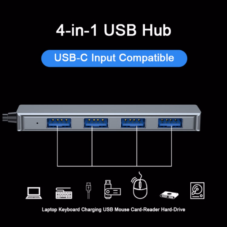 Slim Type-C 4-Port USB 3.0 Adapter – Compatible with MacBook & Laptops