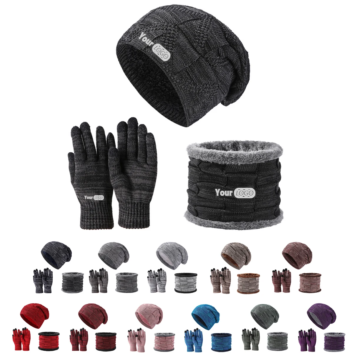 Winter Beanie Hat Scarf and Touch Screen Gloves Set 1