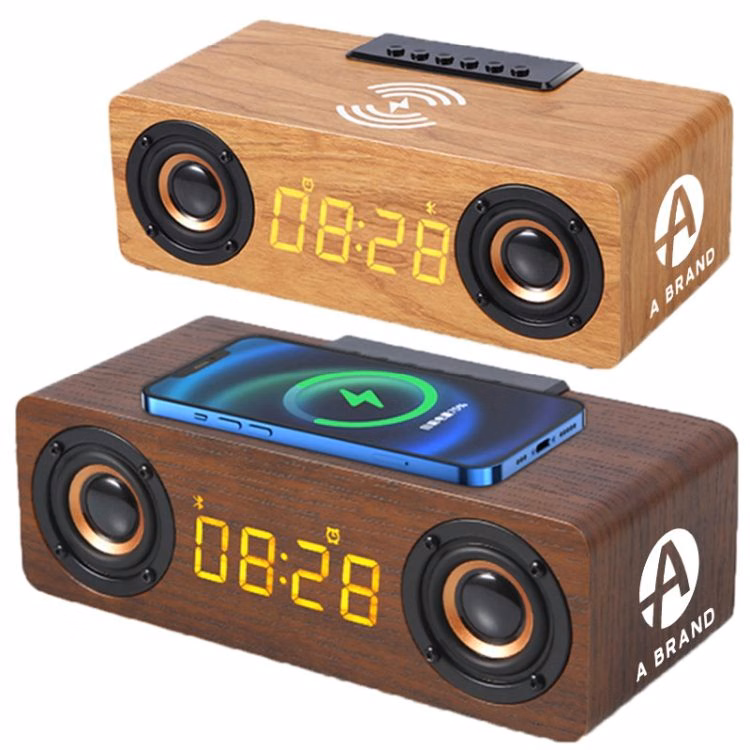 Wooden Wireless Charger Speaker With Alarm Clock