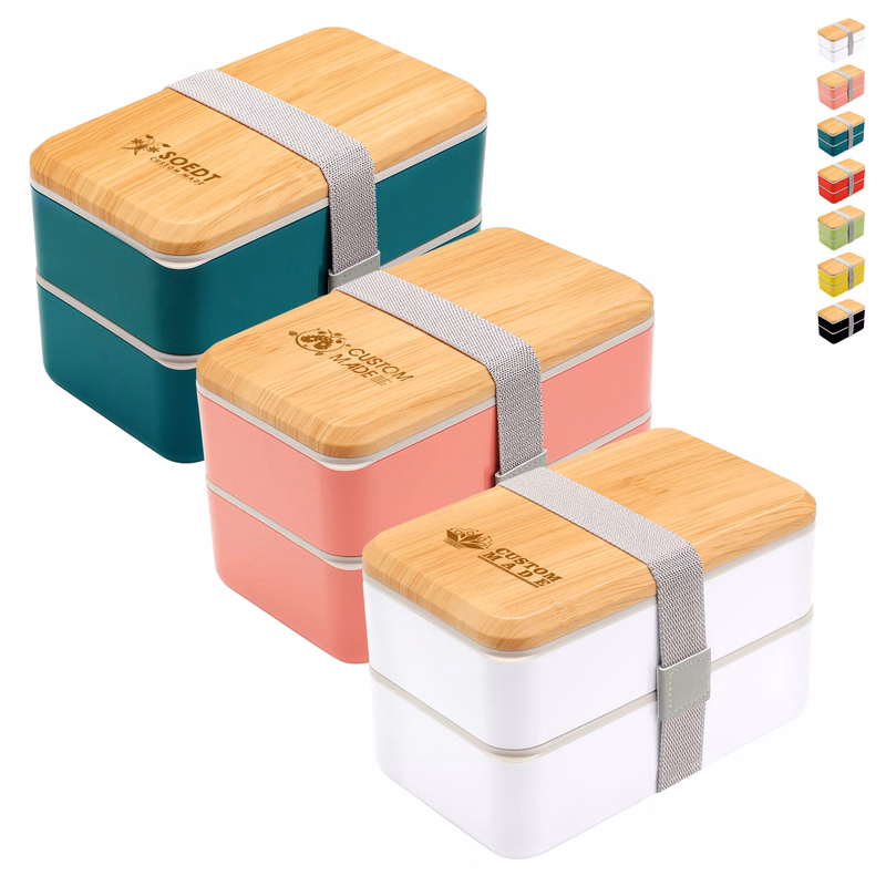 Wood Grain Double Decker Portable Lunch Box