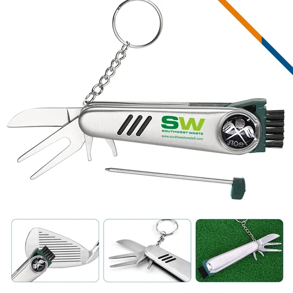 Custom Stainless Steel Dual-Head Golf Divot Tool with Key Ring — Tournament Pro Gear 1