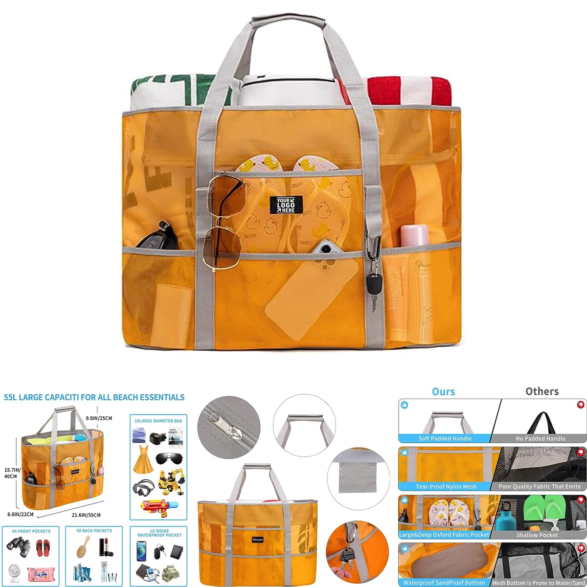 Zipper Waterproof Lightweight Tote 9 Pockets Extra Large Mesh Beach Bag 1