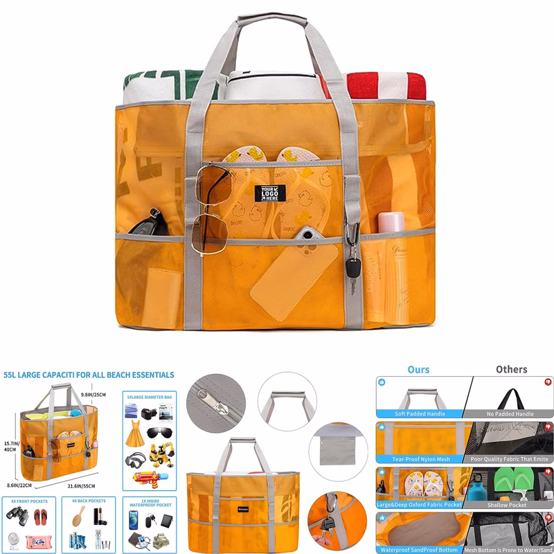 Zipper Waterproof Lightweight Tote 9 Pockets Extra Large Mesh Beach Bag 