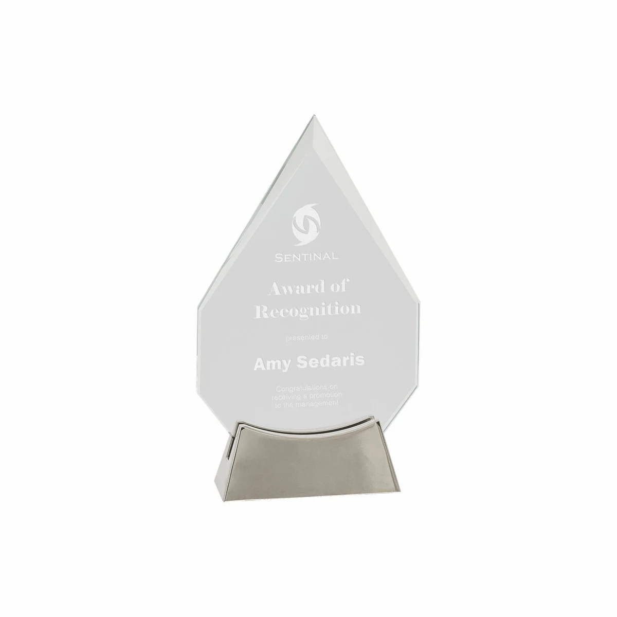 7 3/4" Clear Diamond Platinum Glass Award w/ Metal Base 1