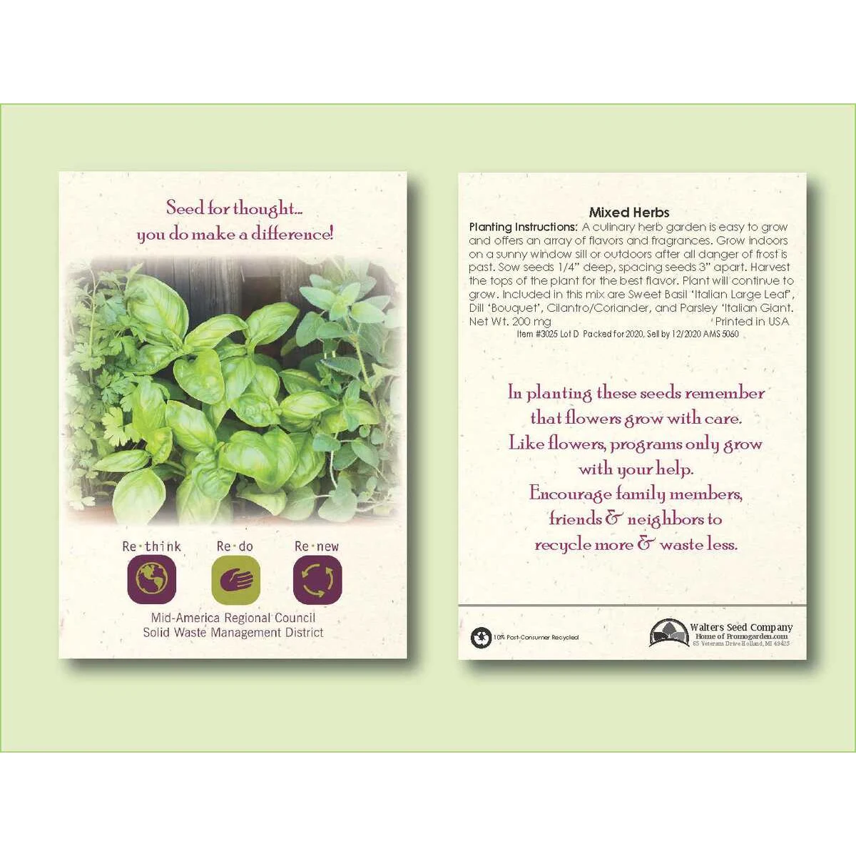 Mixed Herbs Seed Packet - Size 3.25" x 4.5" 1