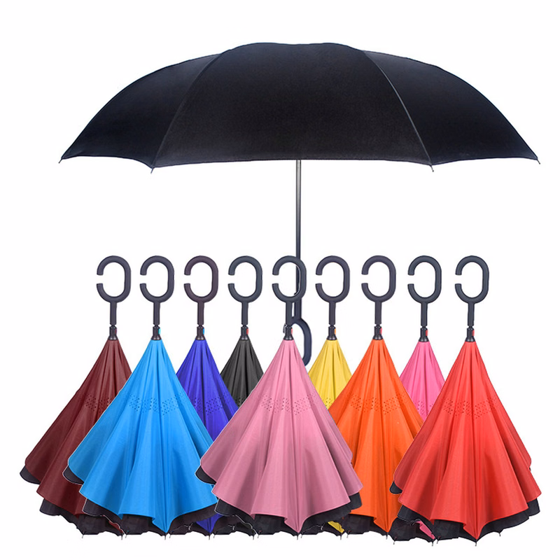 Solid Color C-Shaped Handle Inverted Windproof Umbrella Double Layer for Women & Men