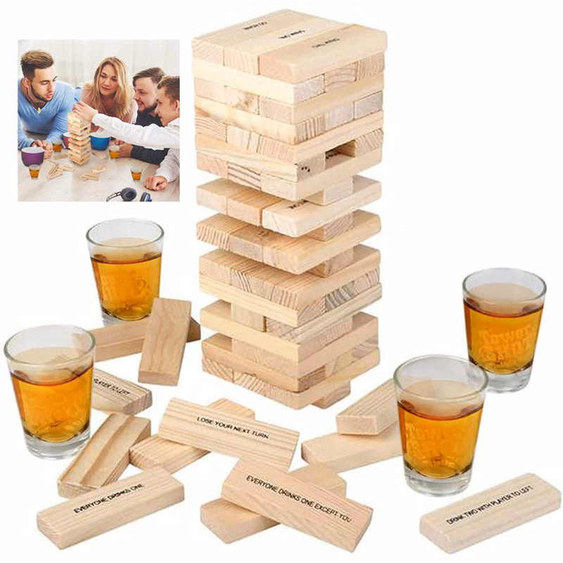 Drinking Game with 4 Glasses and 60 Wooden Blocks with Challenges