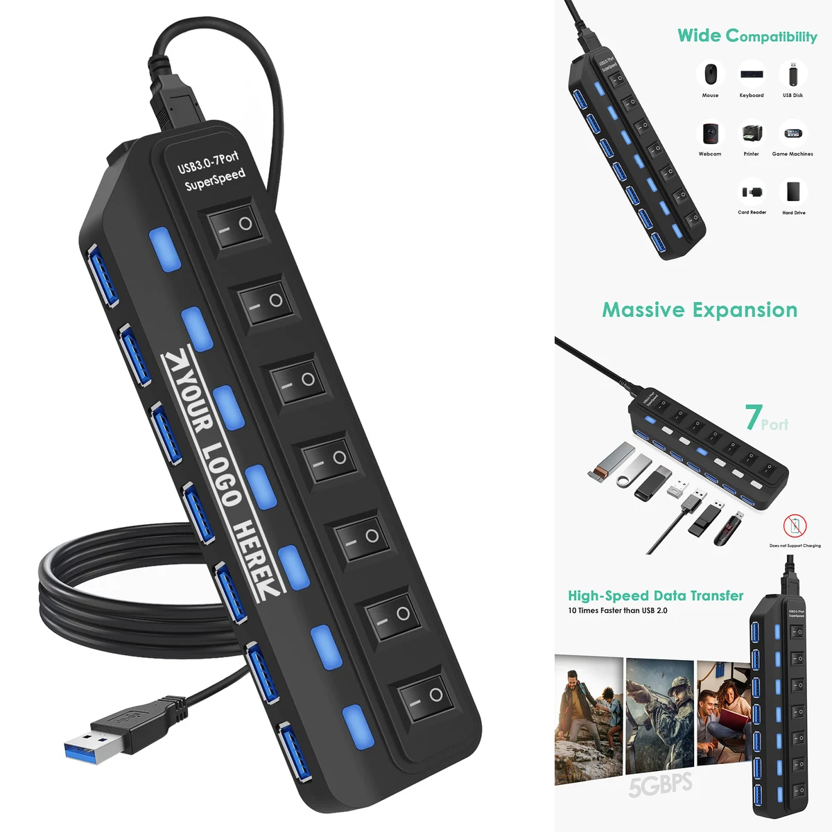 USB Hub 3.0,7-Port USB Hub USB Splitter With Individual LED Switches 1