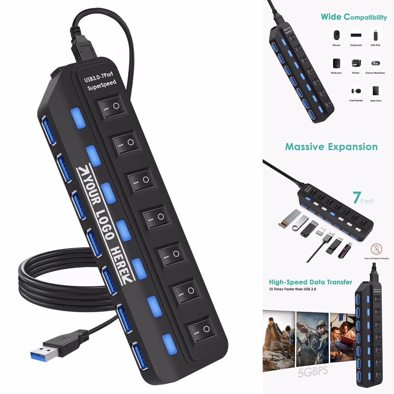 USB Hub 3.0,7-Port USB Hub USB Splitter With Individual LED Switches