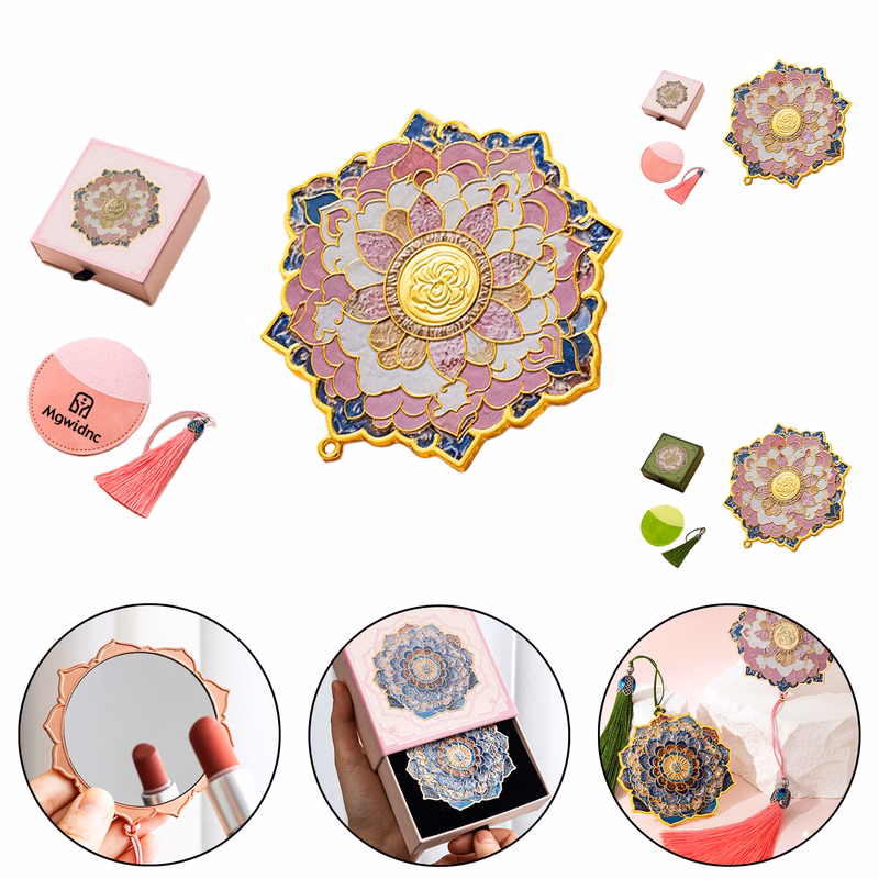 Pink Gold Floral Portable Mirror with Tassel