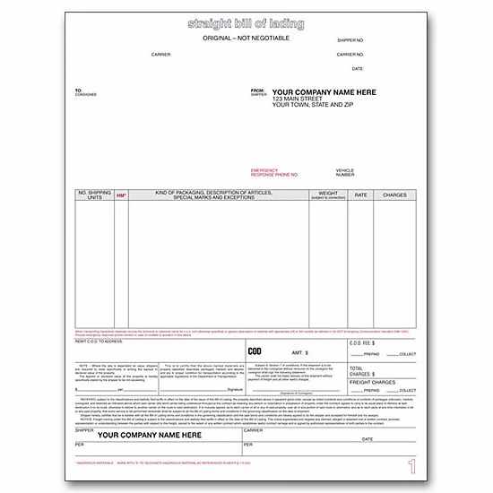 Classic straight bill of lading form