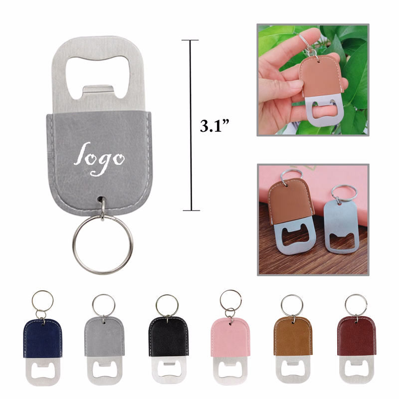 MOQ100 PU Leather Stainless Steel Keychain Bottle Opener