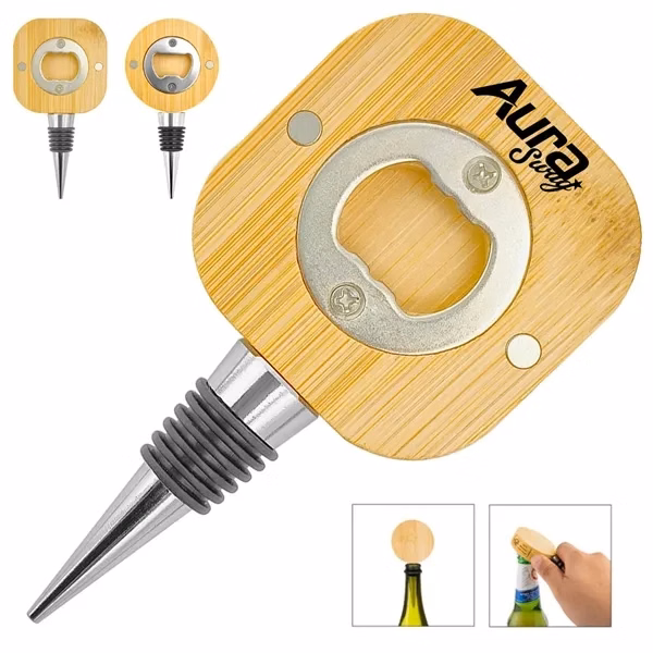 Custom Eco-Friendly Bamboo Magnetic Bottle Opener with Wine Stopper — Bar Gift