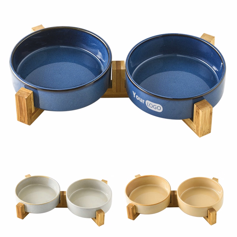 Ceramic Pet Drinking Double Bowls With Wooden Frame