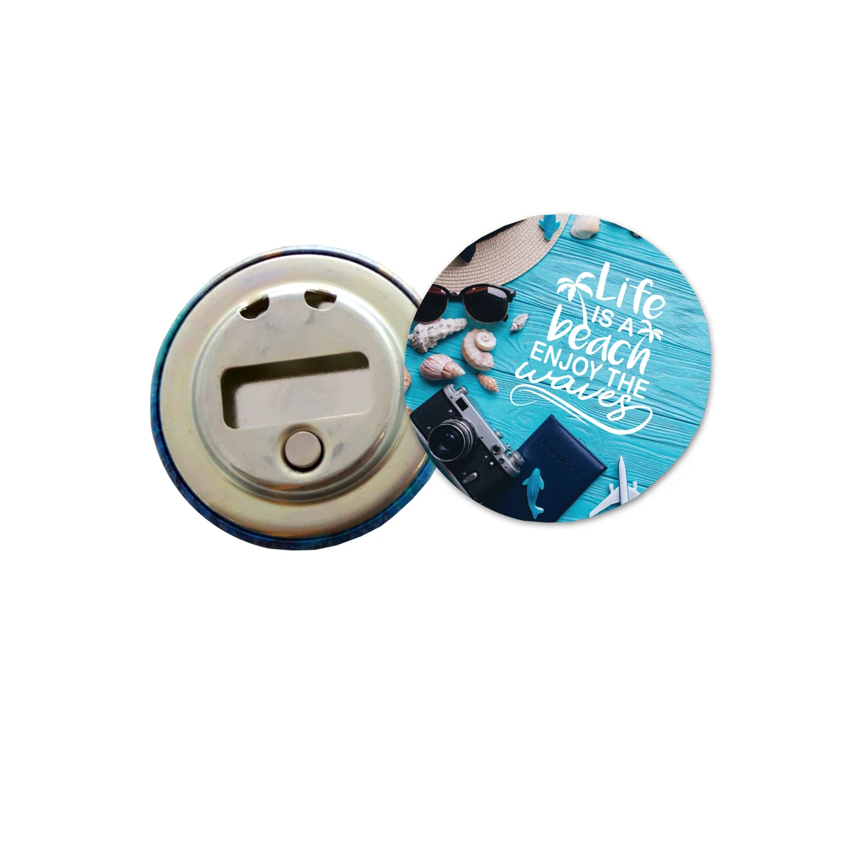 USA Made Round Celluloid Full Color Magnetic Button with Bottle Opener (2.25") 1