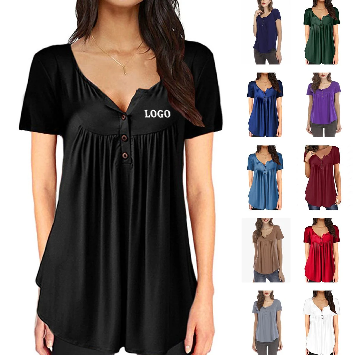 Women's Long Sleeve Henley Shirt Casual Button Up Tunic Tops 1