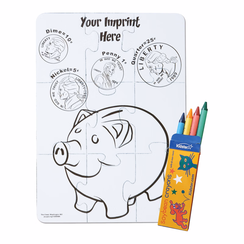 9 Pieces - 5" x 7" Coloring Puzzle - Piggy Bank