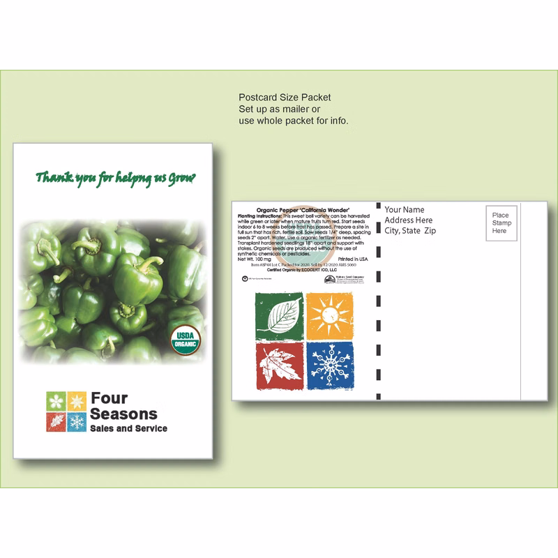 Organic Pepper California Wonder Seed Packet - Postcard Mailer Size 4" x 6.5"