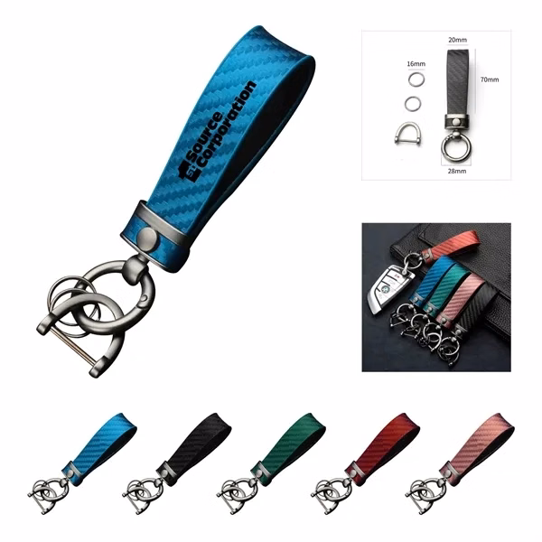 Custom Carbon Fiber & Leather Keychain With Dual Rings — Automotive Gift Key Ring