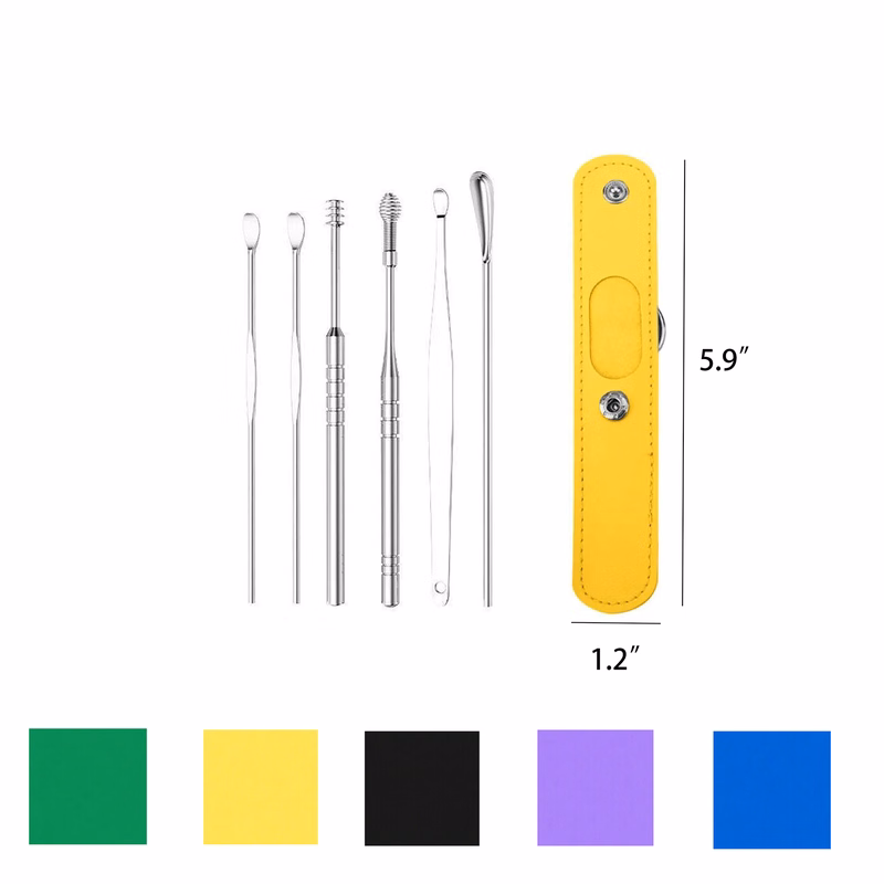 Portable 6Pcs Stainless Steel Ear Scoop Set W/ Lether Bag