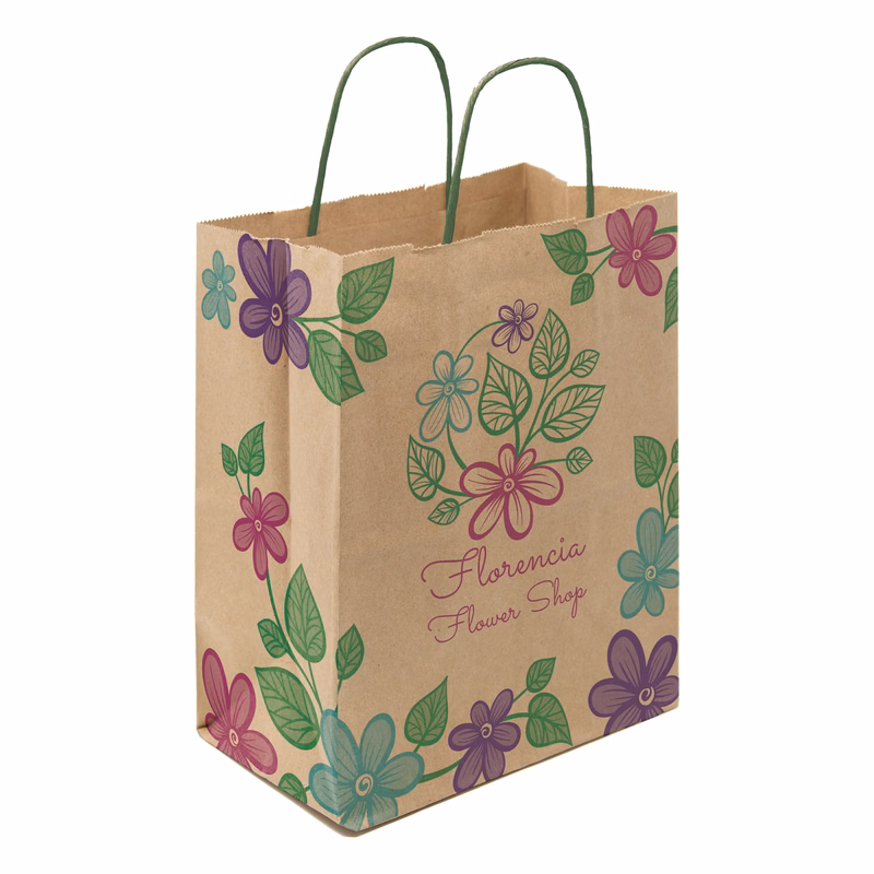 Multi-Sided Full Color Natural Shopper Paper Bag - Green Handle (8.25 x 10.25 x 5)