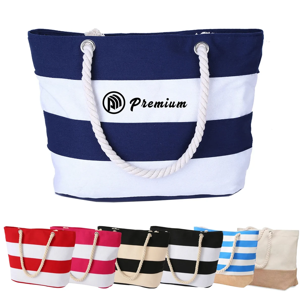 Custom Striped Canvas Beach Tote Bag, custom tote bag with logo imprint 1