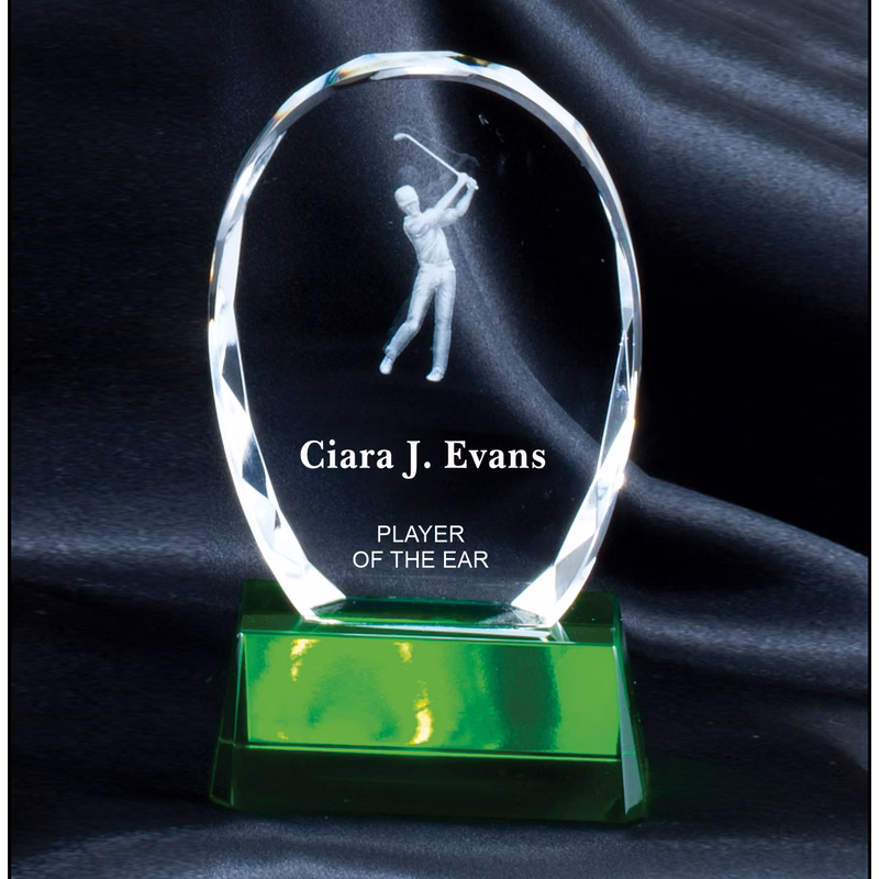 Optical Crystal Arch With 3-D Golfer On Green Glass Base