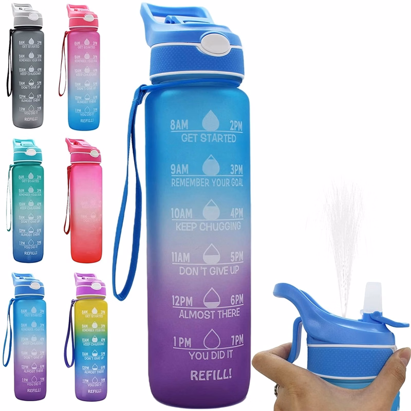 32 oz Water Bottle with Time Marker & Straw