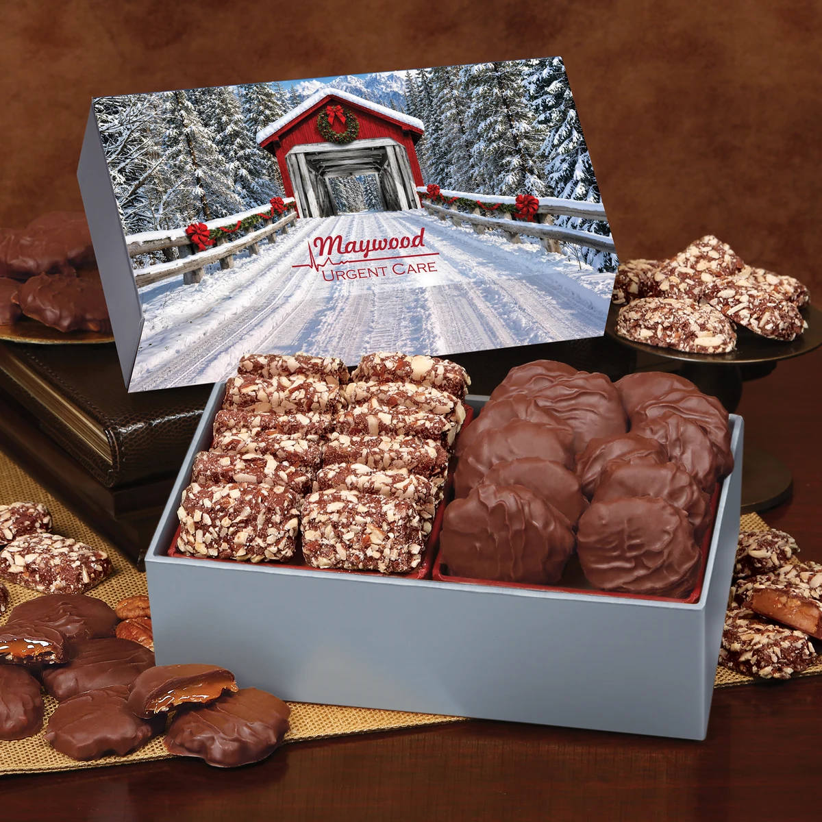 Toffee & Pecan Clusters in Gift Box with Snow-covered Bridge Sleeve 1