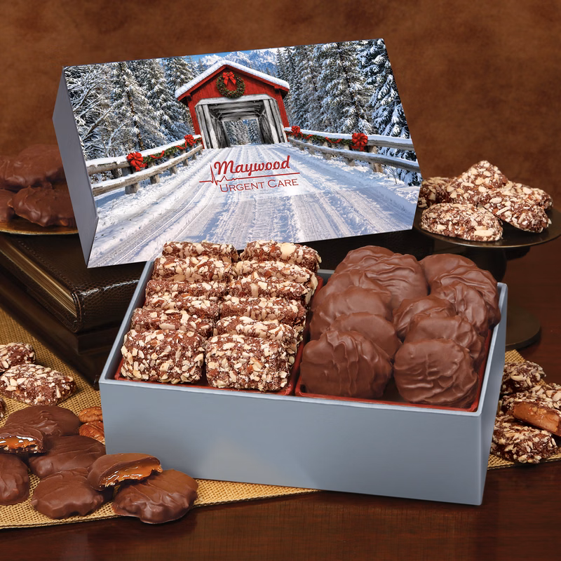 Toffee & Pecan Clusters in Gift Box with Snow-covered Bridge Sleeve