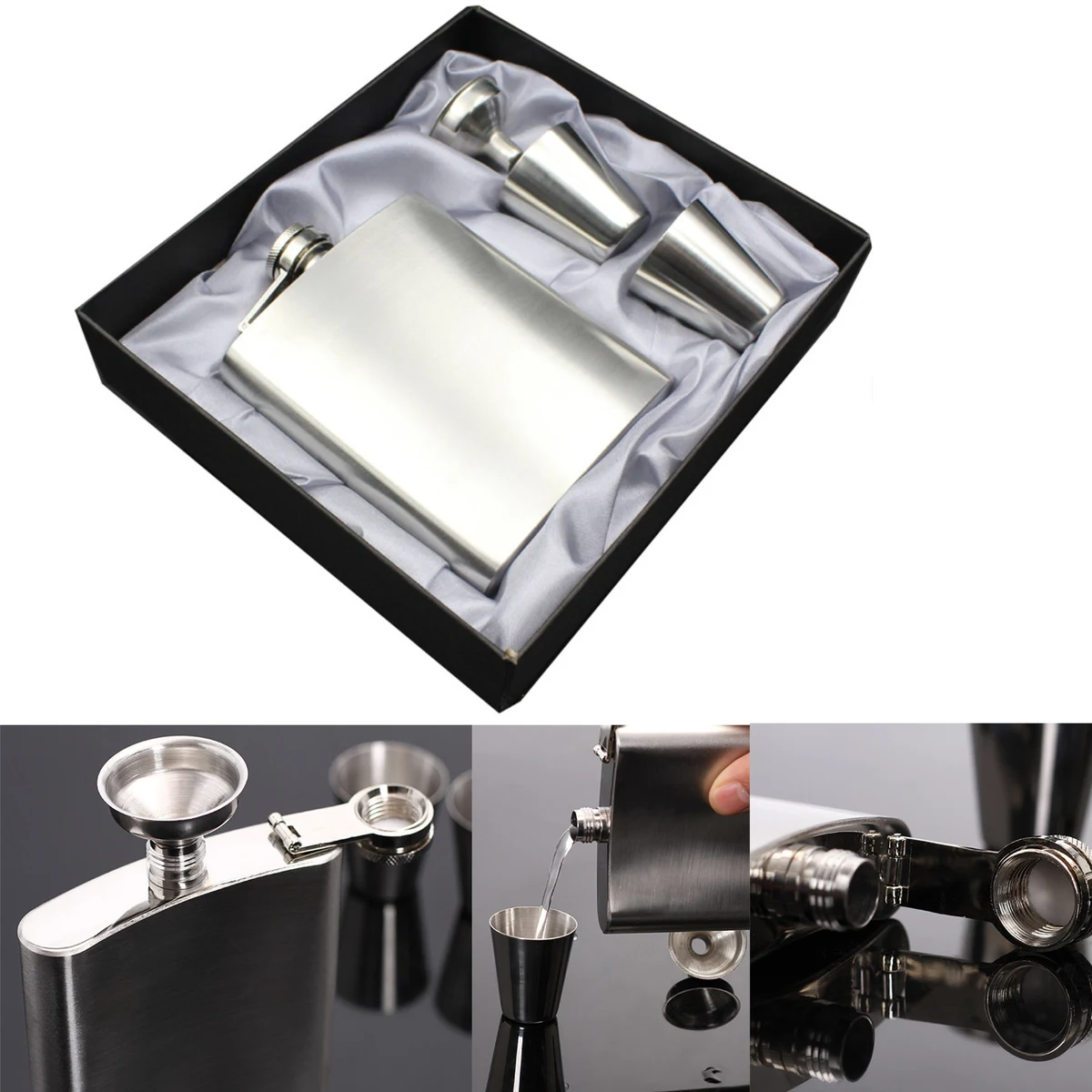 Hip Flask Set Silver 7 Oz Gift 100% Stainless Steel 1