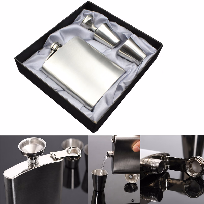 Hip Flask Set Silver 7 Oz Gift 100% Stainless Steel