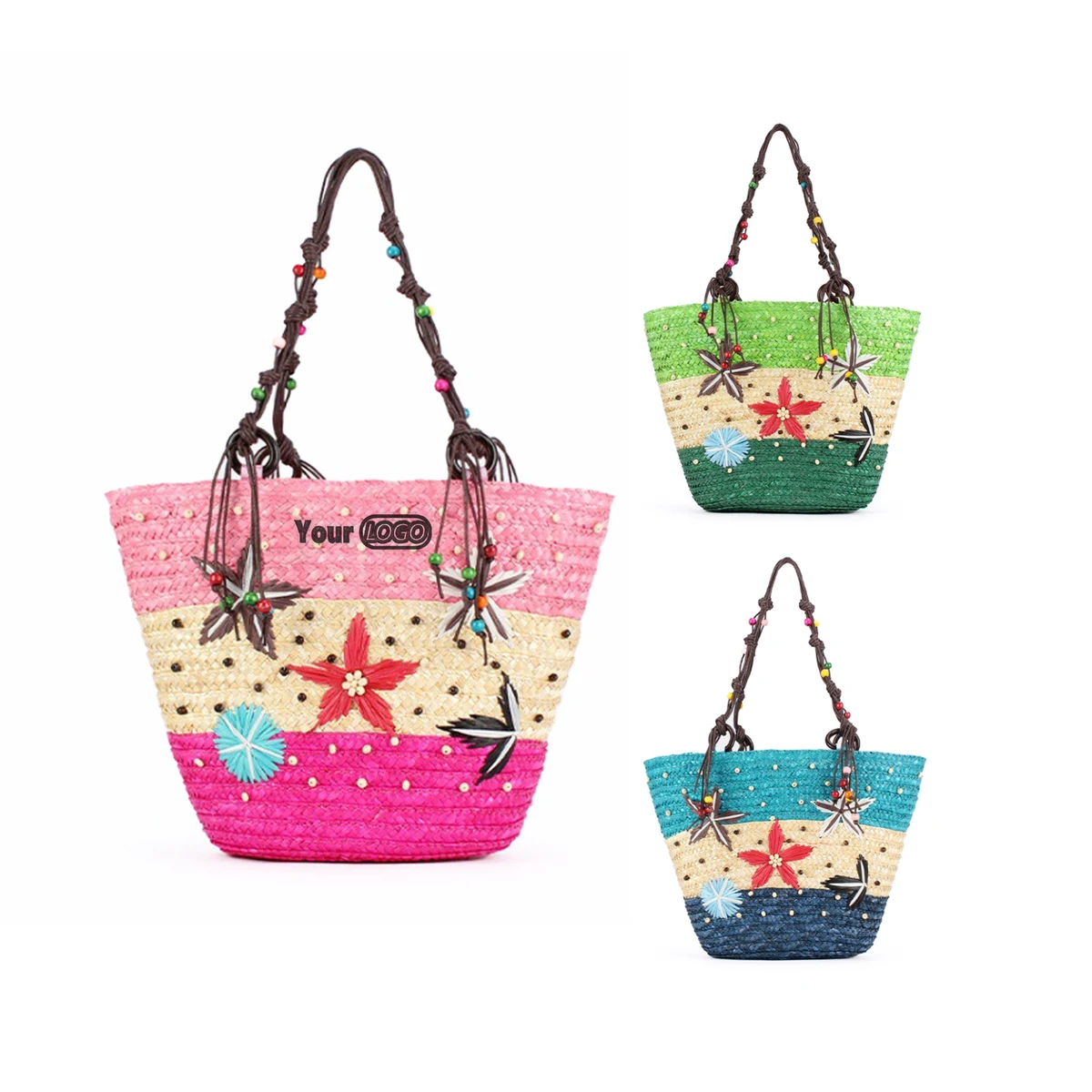 Floral Woven Straw Shoulder Tote Bag 1