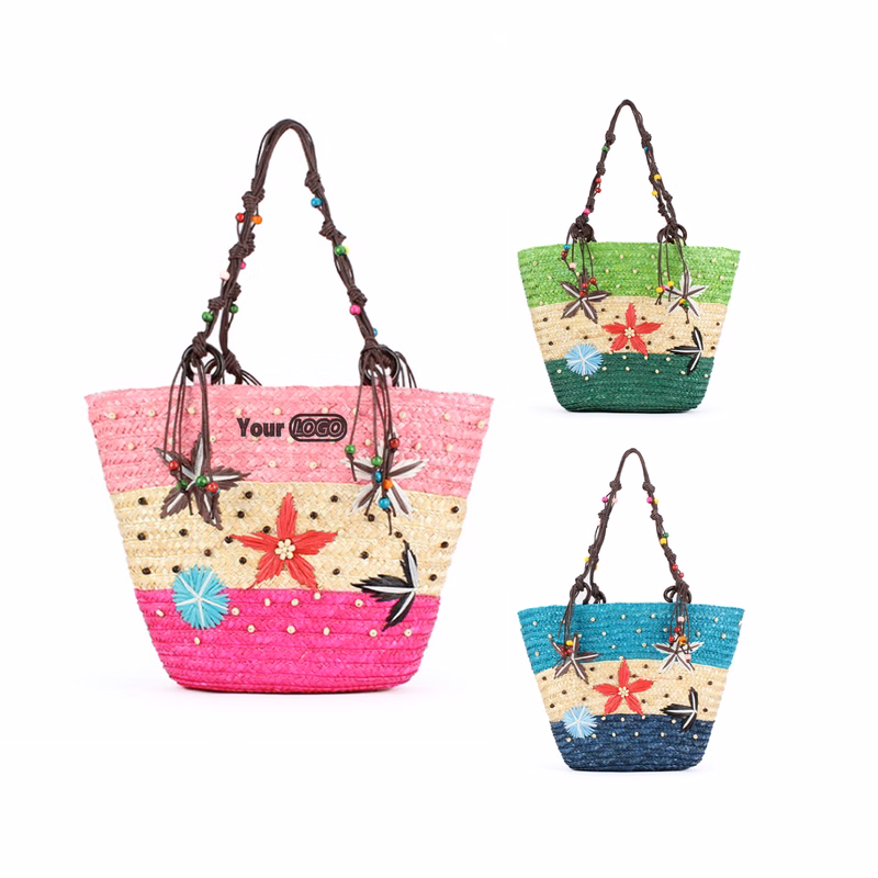 Floral Woven Straw Shoulder Tote Bag