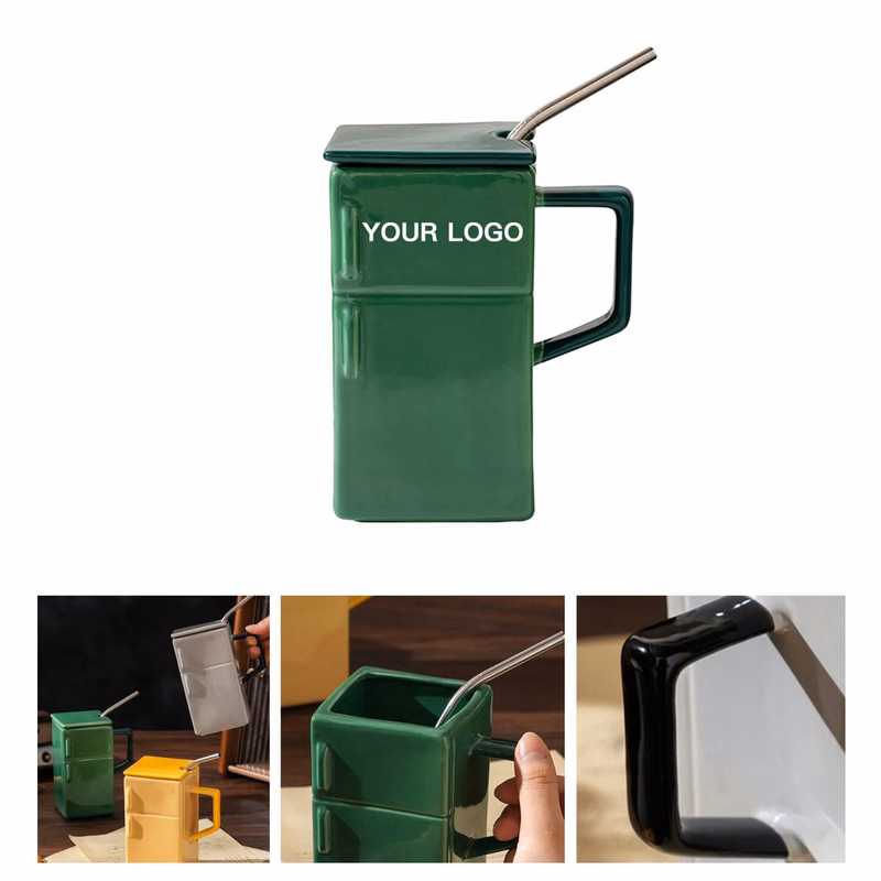 Refrigerator Ceramic Mug With Handle And Straw
